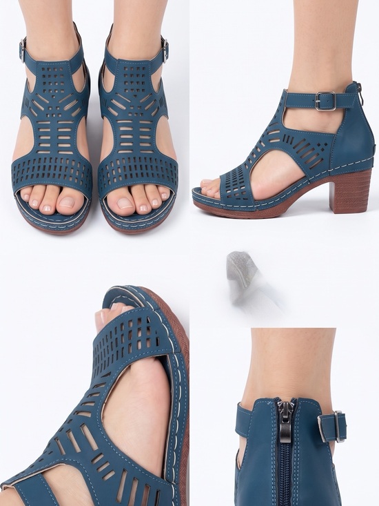 None Shoes - Navy Blue Cutout Block Heel Sandals – Size 40 (EU 40 / US 9)